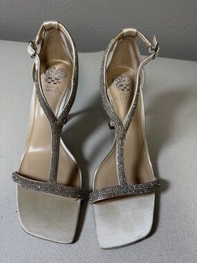 Vince Camuto Champagne Gold T-Strap Rhinestone Heels